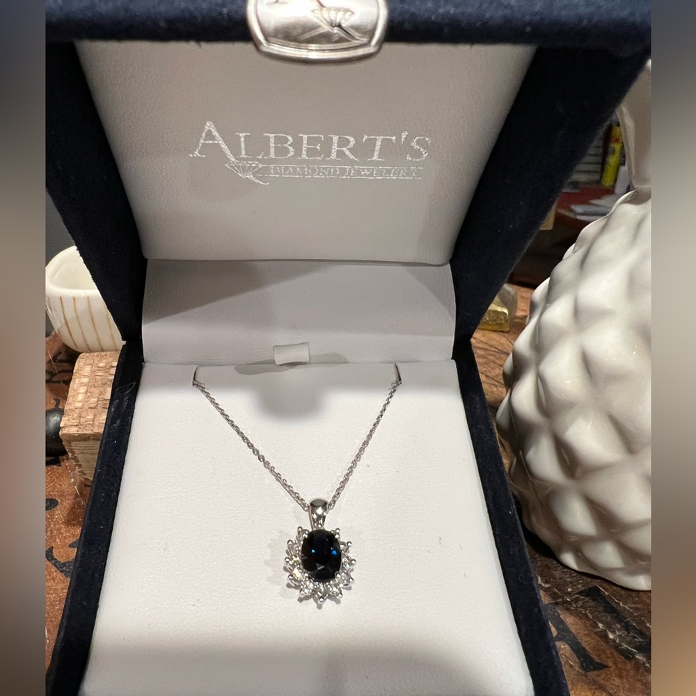 Sapphire and Diamond Halo Necklace by EMA in a 14K White Gold Setting